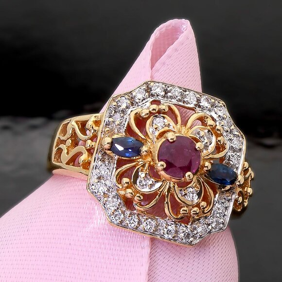 Vintage 18kt Yellow Gold Diamond Ring, Ruby and Sapphire, SZ 6, Appraised $3350 - Picture 4 of 11
